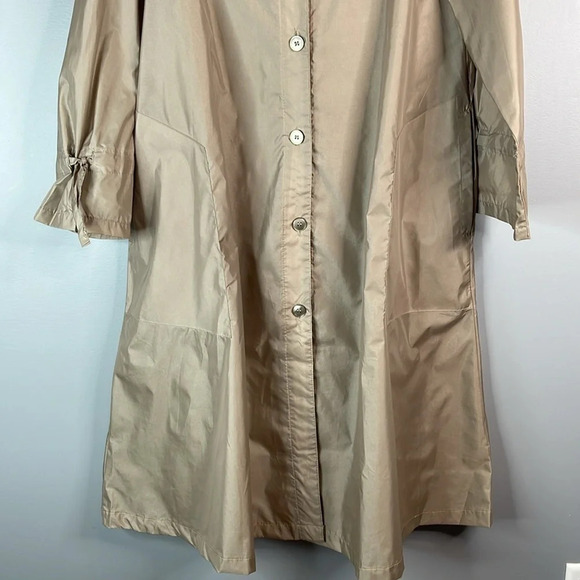 VINTAGE Mulberry Street Tan Nylon Long Trench Coat Hood Pockets Puff Shoulder 8 - Picture 5 of 15
